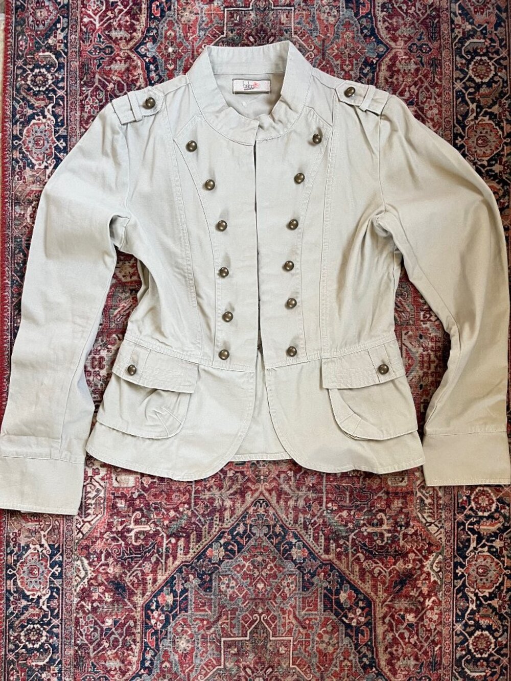 Bebe Like New Stone Cotton Military Peplum Jacket Blazer Small